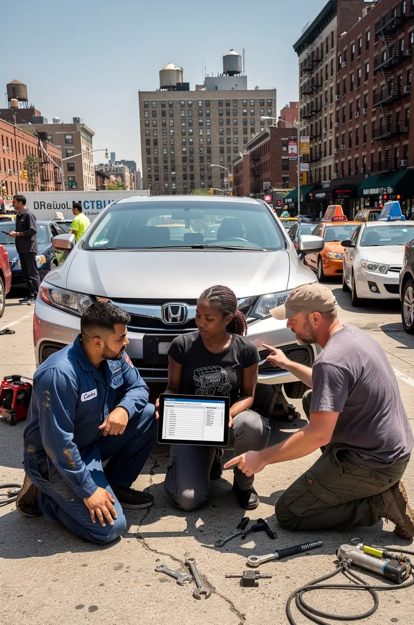 Customer discussing vehicle condition with a professional auto mechanic during a pre-purchase inspection.
